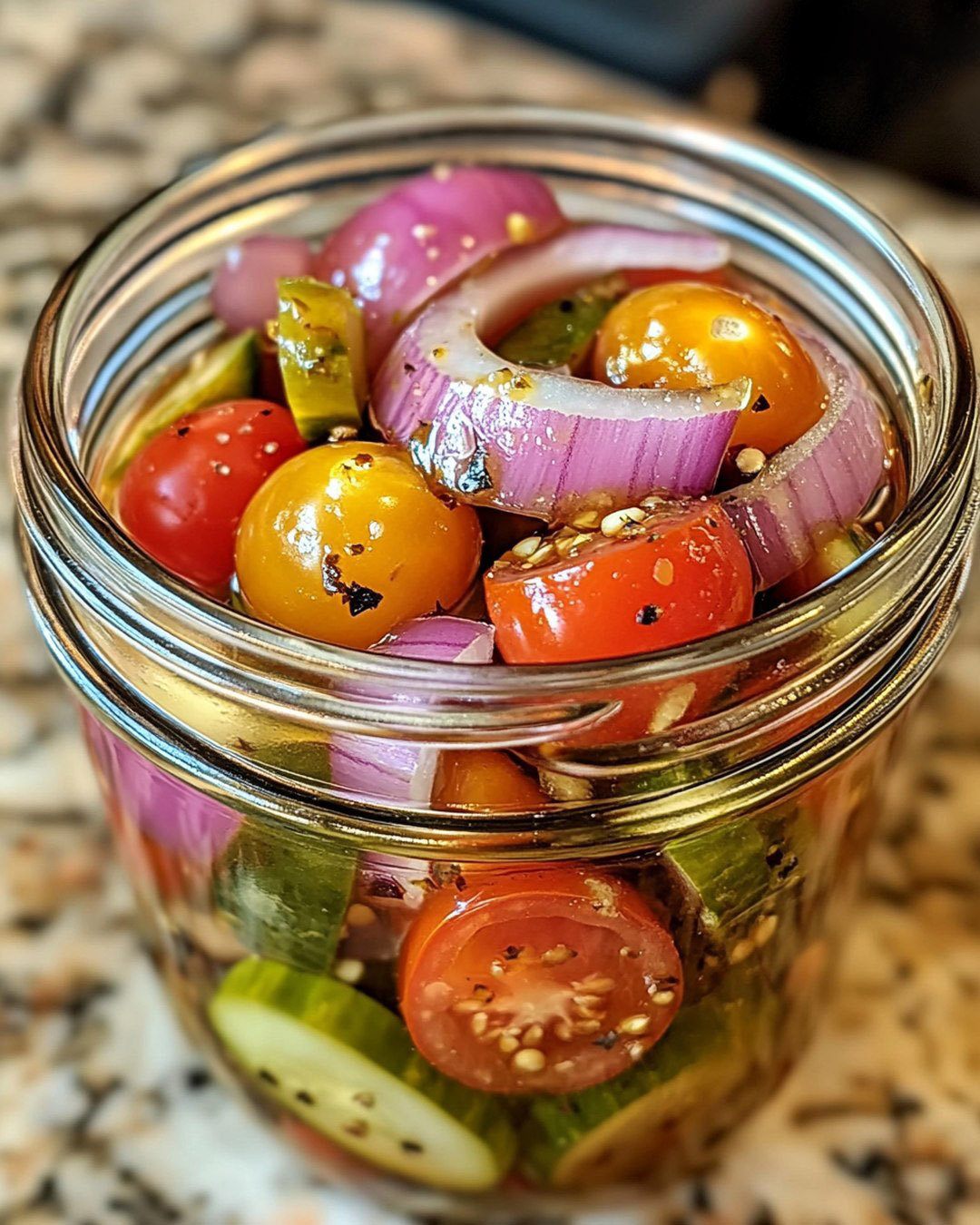 Tomates cherry, cebollas rojas y pepinos en escabeche